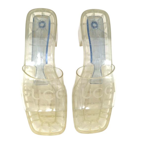 Gucci Clear Jelly Sandals Size 38 Block Heel Square Toe Logo Strap - Picture 1 of 10